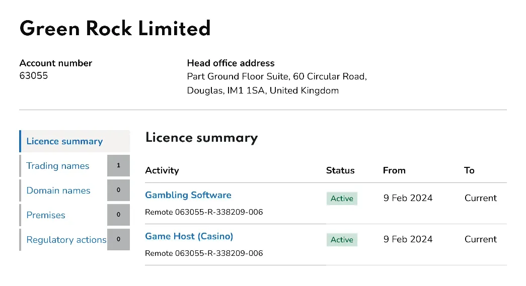 Green Rock Limited UKGC License